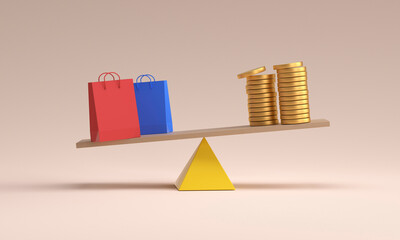 Balance of shopping bag and money stack on plank