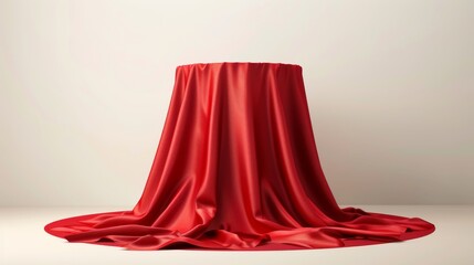 Round product podium or table covered with red curtain. Modern set of silk fabric drapery on box for unveiling surprise or presentation platform. Silk blanket hides pedestal.