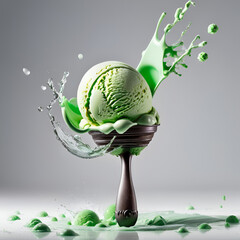 Green Delicious Pistachio Ice Cream in a Waffle Cup on Light Background,