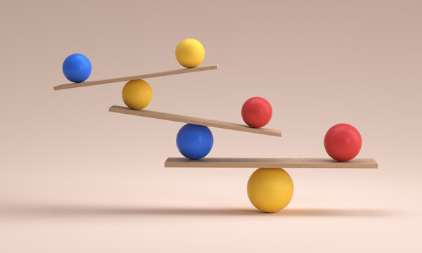 Geometric shapes in equilibrium on yellow sphere over pink background