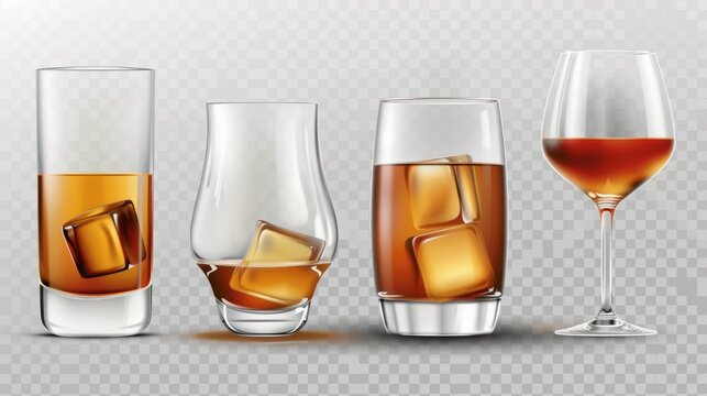 Various types of cocktail glasses for water or alcohol drinks. A realistic modern illustration set of empty transparent glassware for whiskey or liquor drinks. A glossy kitchen or restaurant