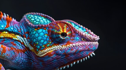 Fototapeta premium Brightly colored chameleon with intricate scales against a dark backdrop