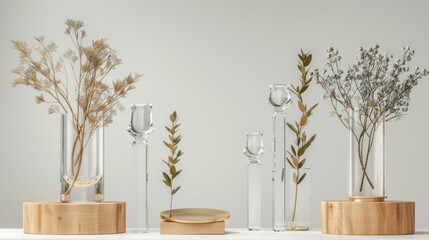 Mockup of glossy acrylic winner cup on pedestal with a glass trophy and laurel. Set of realistic moderns showing transparent plexiglass crystal awards on wooden bases.