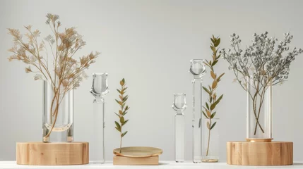 Foto op Canvas Mockup of glossy acrylic winner cup on pedestal with a glass trophy and laurel. Set of realistic moderns showing transparent plexiglass crystal awards on wooden bases. © Mark