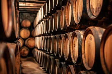 Stacked wooden barrels in a cellar - obrazy, fototapety, plakaty
