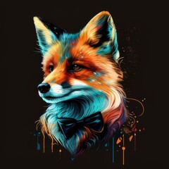 Fox wearing a chic bow tie, oil splash vector portrait,bright colors on black