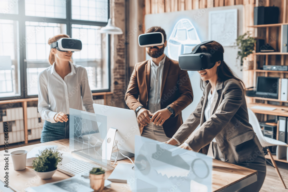 Wall mural futuristic illustration of people using virtual reality spatial computer goggles vr glasses headset 