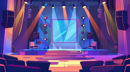 The contest and competition stage of an empty talent contest is shown as a cartoon modern with a microphone and loudspeakers on scene, a big screen, chairs of the jury, and spotlights.