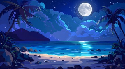 Fototapeta na wymiar Landscape of tropical lagoons at night. Calm sea or ocean water, beach with sand, rocks and palm trees with coconuts, rocky mountains, moon, stars and clouds in a dark blue sky. Modern illustration