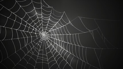 Decorative spider web background on black background with white thin sticky thread line. Arachnid trap for insects. Modern scary spooky cobweb net on black background. - obrazy, fototapety, plakaty