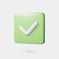 3D green square check button. Valid or validated, verified label or certified symbol. Isolated on white background. 3d Approval or success icon. Vector illustration