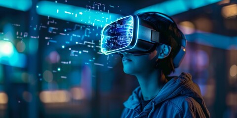Fototapeta premium Individual in a VR headset with illuminated digital graphics.
