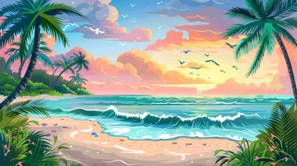 Foto op Canvas Modern cartoon illustration of seaside landscape with palm trees, lianas, grass, ocean waves washing the coast, birds flying in the sunset sky with clouds. © Mark