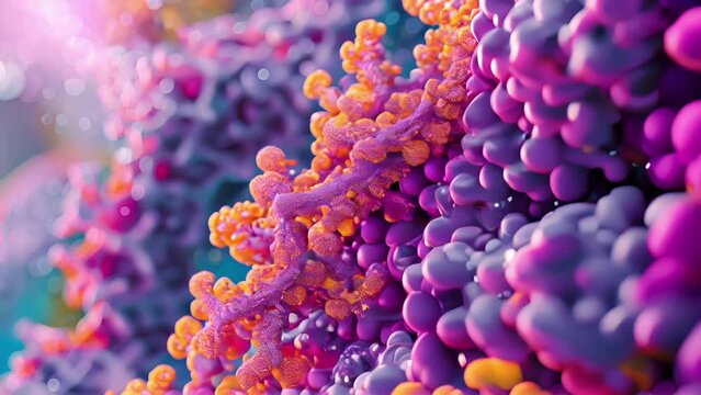 A closeup of a protein structure with a quantum computing display of its intricate 3D shape and data points.