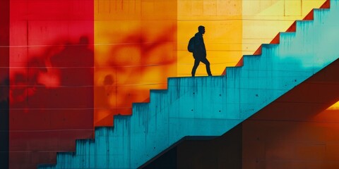 Abstract concept of a person ascending geometric stairs.