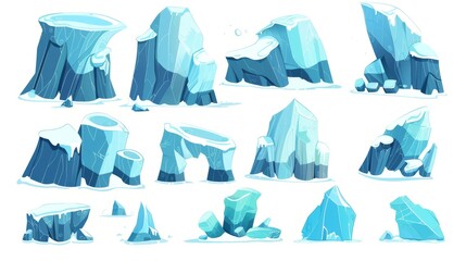 A floating iceberg piece and arch. Cartoon modern illustration set of blue ice and snow glacier. Collection of floe for northern pole landscape design. Frozen crystal water. A collection of icebergs