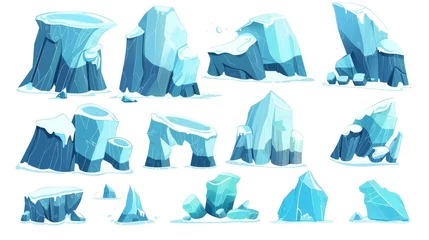 Abwaschbare Fototapete Berge A floating iceberg piece and arch. Cartoon modern illustration set of blue ice and snow glacier. Collection of floe for northern pole landscape design. Frozen crystal water. A collection of icebergs