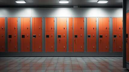 A row of orange lockers is neatly aligned in a spacious room, creating a sense of order and organization