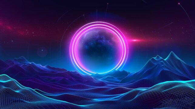Retro wave grid mountain with black and blue gradients, synthwave light frame with neon circle on a cyberpunk background with neon circle on wireframe landscape.