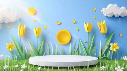 An origami nature backdrop with realistic modern tulip flowers and leaves. A realistic modern origami nature backdrop with a cylinder display platform.