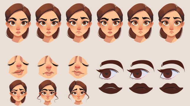 Face construction kit for women with different forms of eyes and brows, nose and lips, and haircut for animation. Cartoon modern illustration set of female character avatars.