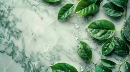 Spa Product Green leaves in water on a light marble background. Summer concept, flat lay, top view. background for the display of natural cosmetics. Nature background for luxury product placement
