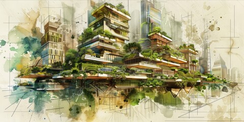 Architectural sketch of a futuristic cityscape with greenery.