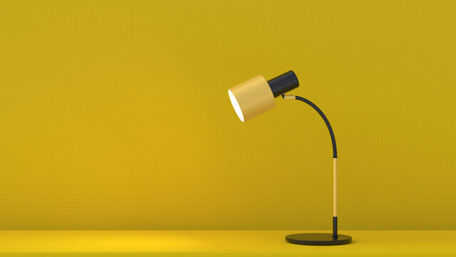 3D render of yellow desk lamp glowing against yellow background