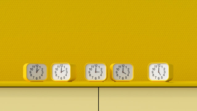 3D render of bunch of yellow alarm clocks