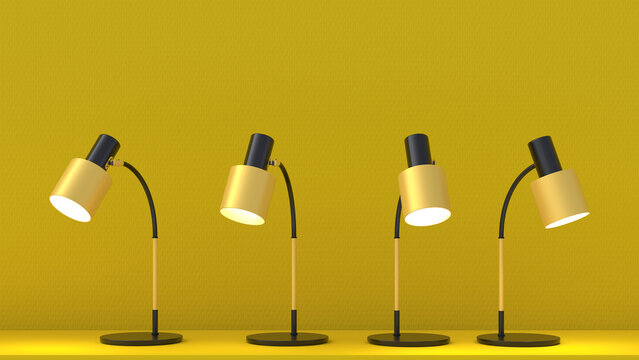 3D render of yellow desk lamps glowing against yellow background