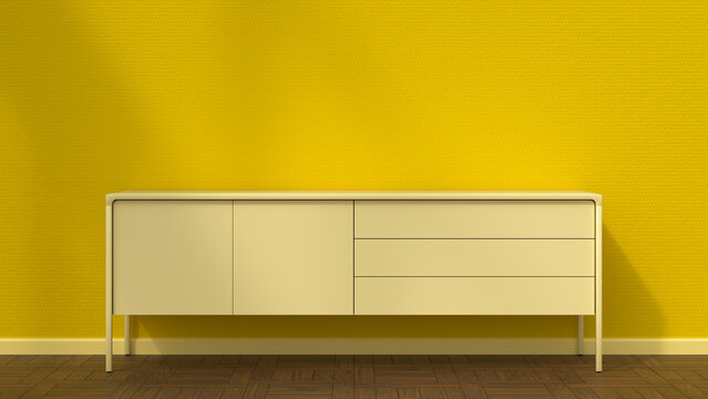 3D render of yellow cabinet standing along yellow wall