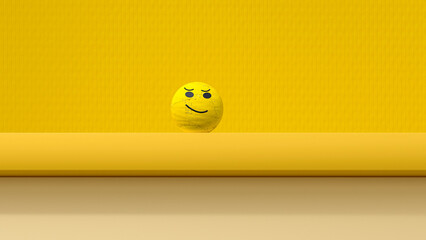 3D render of smiley face sphere standing against yellow background