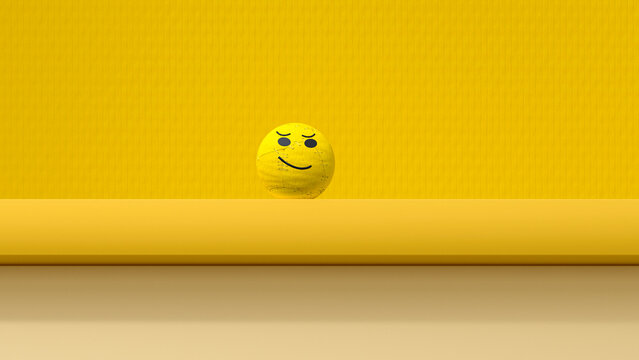 3D render of smiley face sphere standing against yellow background