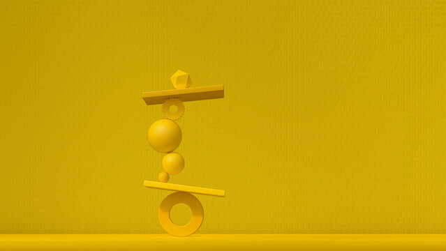 3D render of stack of geometric objects balancing against yellow background