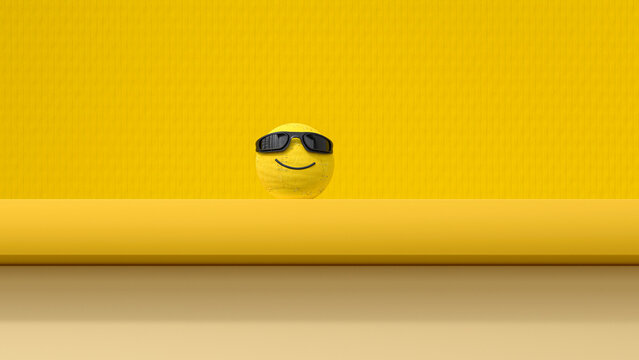 3D render of smiley face sphere standing against yellow background