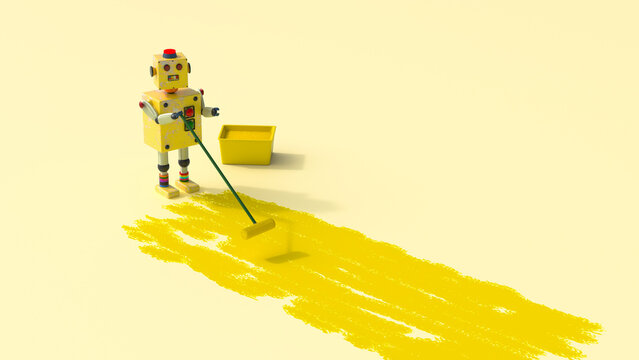 3D render of toy robot cleaning large yellow stain