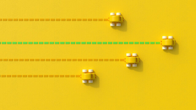 3D render of toy cars racing against yellow background