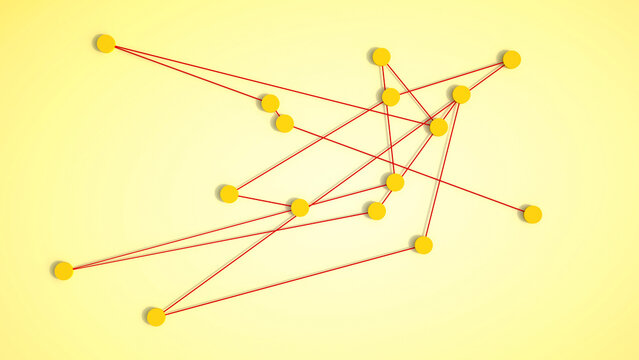 3D render of yellow circles connected with red lines