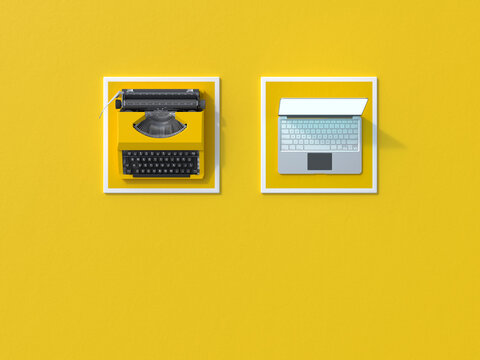 3D render of typewriter and modern laptop on square coasters