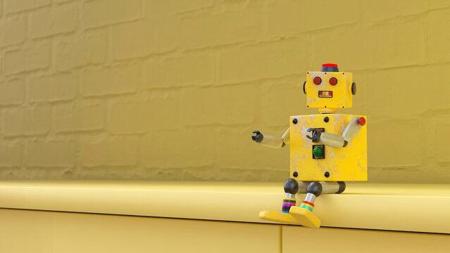 3D render ofold-fashionedtoy robot sitting on yellow ledge