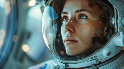Portrait of a Female Astronaut on Space Exploration and Innovation. Beyond Earth