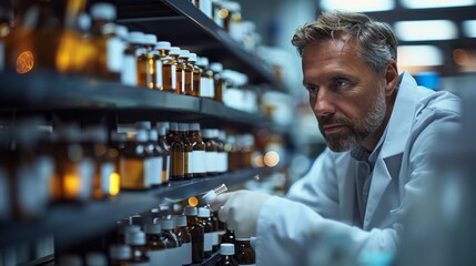  A mature male pharmacist in a white coat is meticulously selecting medication bottles from a well-stocked pharmacy shelf. - obrazy, fototapety, plakaty