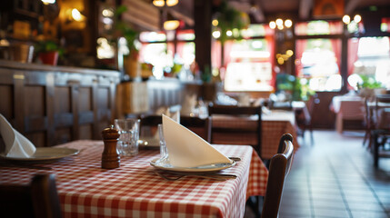 Interior of italian restaurant with cosy ambiance, served tables