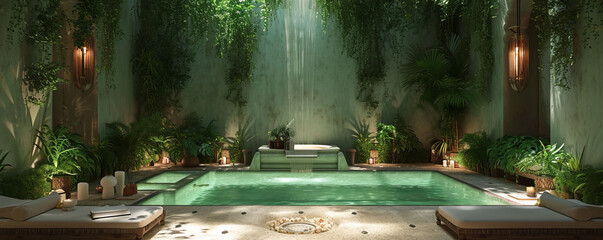 A Turkish hammam, such as lush greenery and decorative water features, to convey a sense of tranquility and rejuvenation.