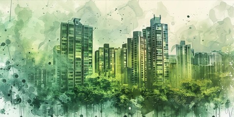 Green cityscape illustration blending with nature.