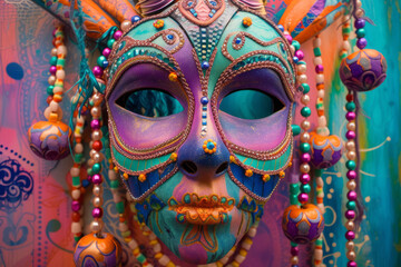 A whimsical Mardi Gras mask with playful patterns and bold, contrasting colors, adorned with cascading beads, set against a dreamlike backdrop, evoking a surreal and enchanting atmosphere.