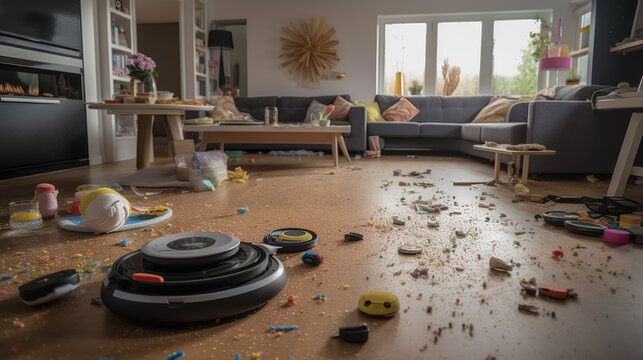 A messy living room overrun with clutter and toys, showcasing a chaotic and disorganized space