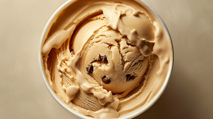 Delicious caramel icecream with nuts and chocolate pieces in paper cup, creamy texture