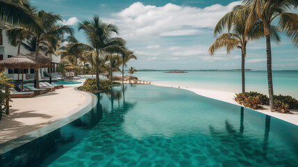 Fototapeta premium Large Swimming Pool Surrounded by Palm Trees at the beach