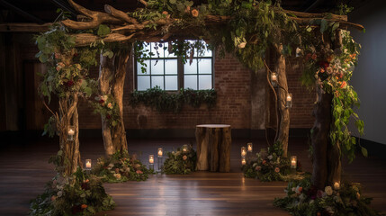 Wedding arch made of repurposed wood, decorated with candles. Interior wedding concept